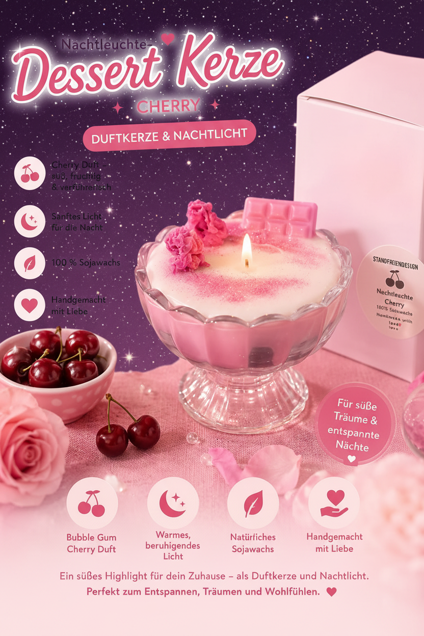 Nachtleuchte Dessert Kerze Cherry – dunkler Sternenhimmel-Stil
