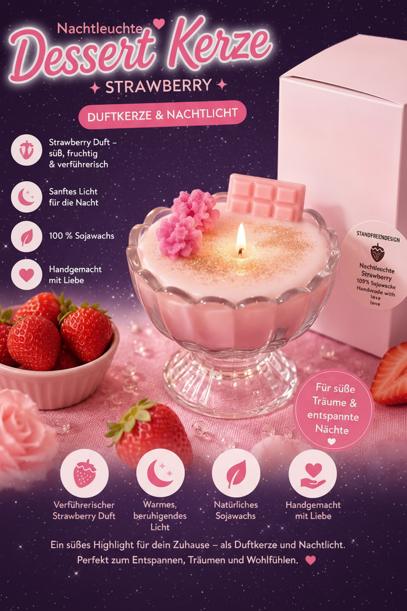 Nachtleuchte Dessert Kerze Strawberry – dunkler Sternenhimmel-Stil